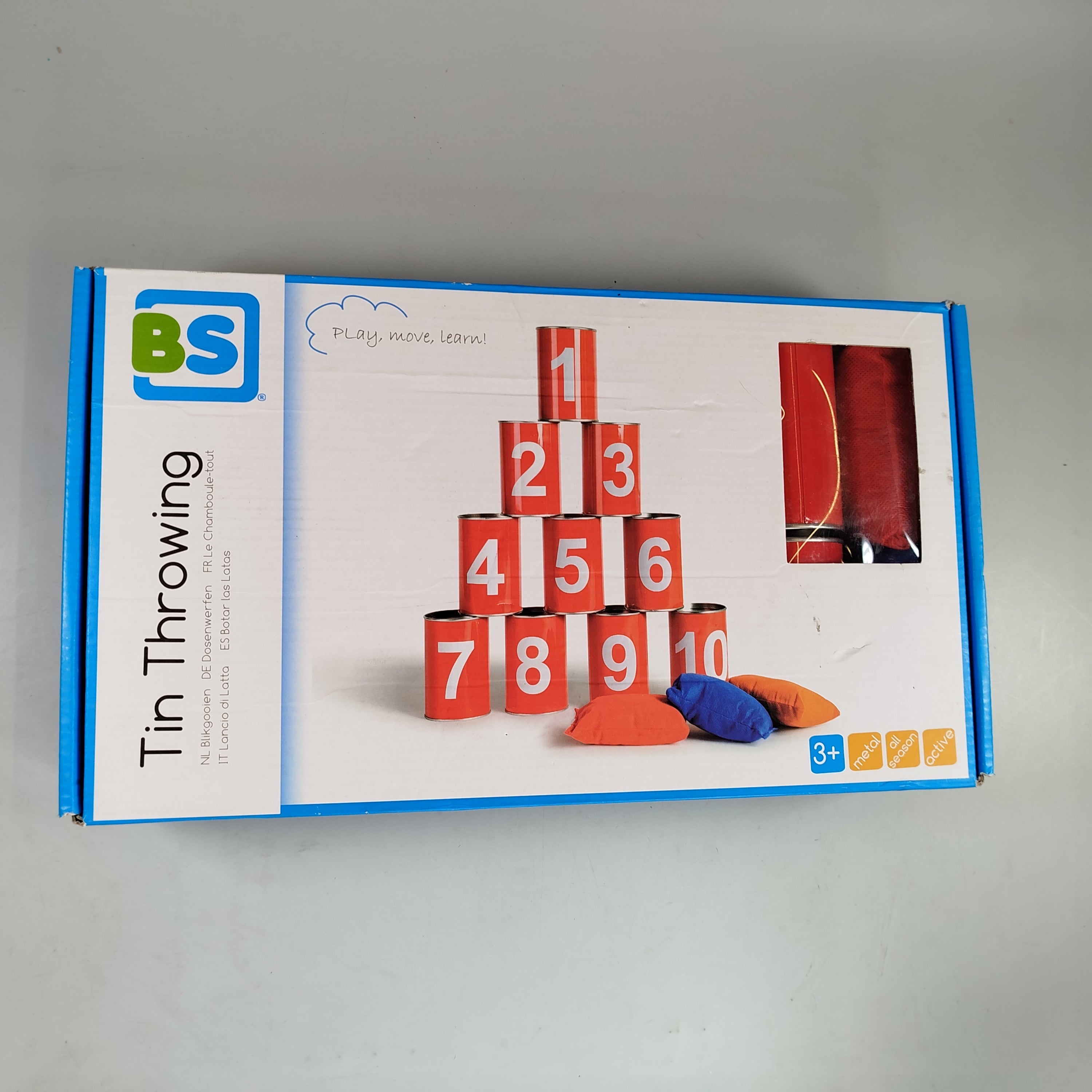 BS Toys Dosenwurfspiel – Set mit 10 Dosen & 2 Wurfsäckchen